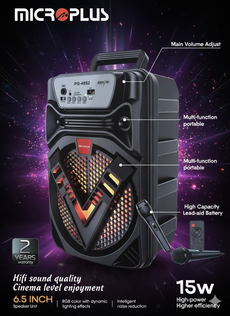 Portable Bluetooth Speaker 6.5-Inch, 15W Rechargeable PS-4852